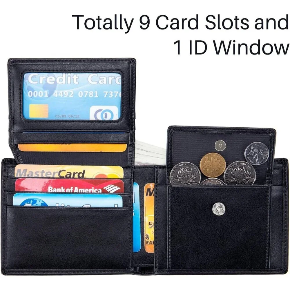 Men's Blue Front Coin Pocket Flip Up Leather Wallet Card Blocking Slim Bifold